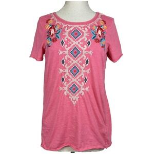 Johnny Was Judith Draped Back Tee M Coral Pink Embroidered Floral Boho Western